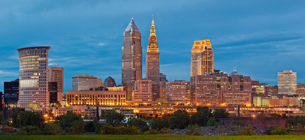 Panoramic image of Cleveland downtown at twilight blue hour.