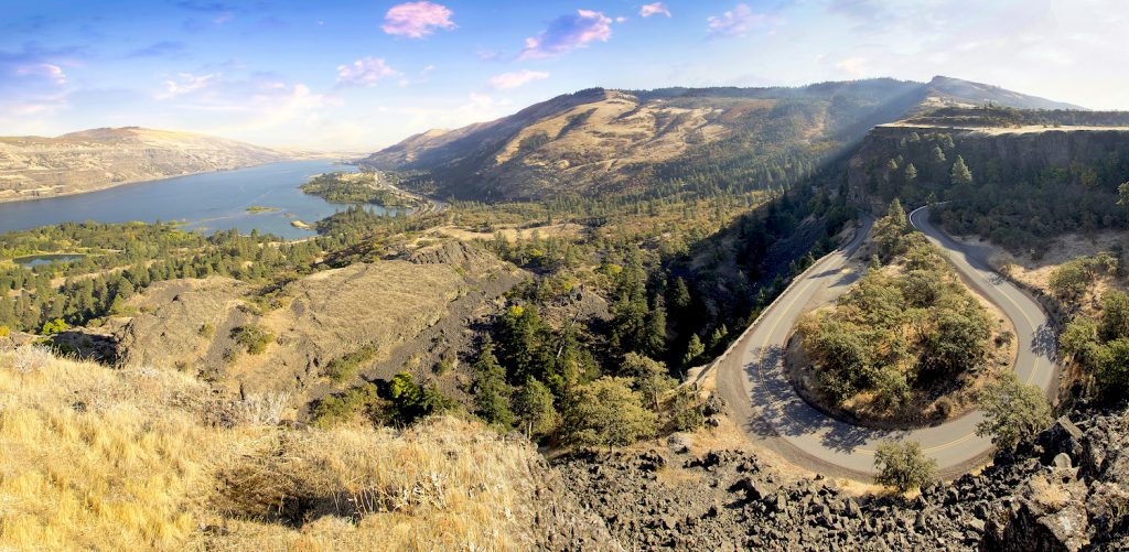 Old Columbia Highway and Columbia River Gorge at Rowena Crest Oregon Panorama