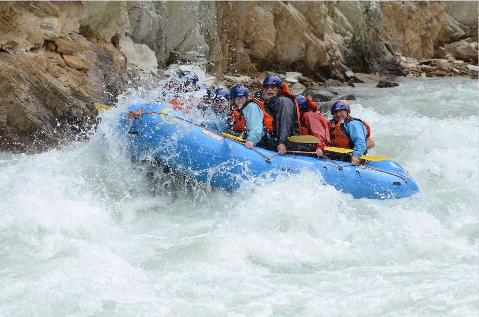 The author (right center) and his granddaughter Ava (left center) whitewater rafting on the Kicking Horse River. The author’s wife is shrouded with spray to Ava’s left. (Photo courtesy of Hydra River Guides)