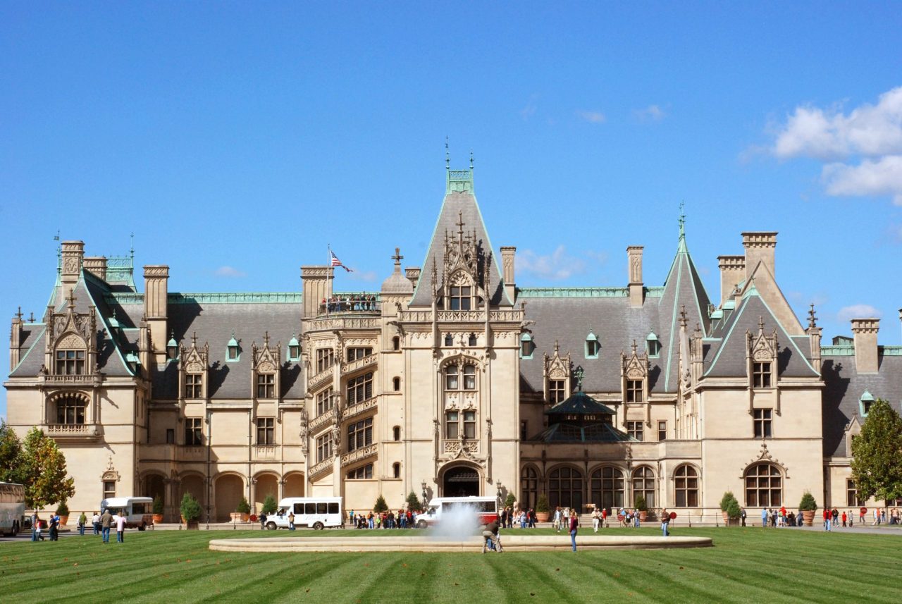 A view of the front of the famous Biltmore Mansion in Asheville, North Carolina.