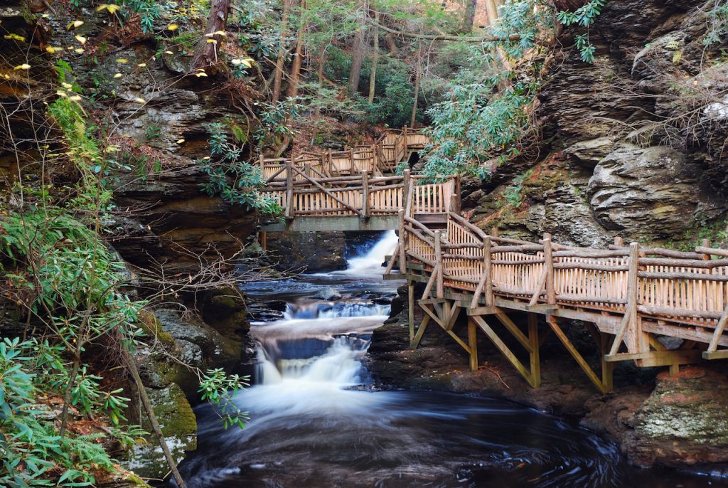 Picture of bridge and waterfall at Bushkill Falls, Pennsylvania.