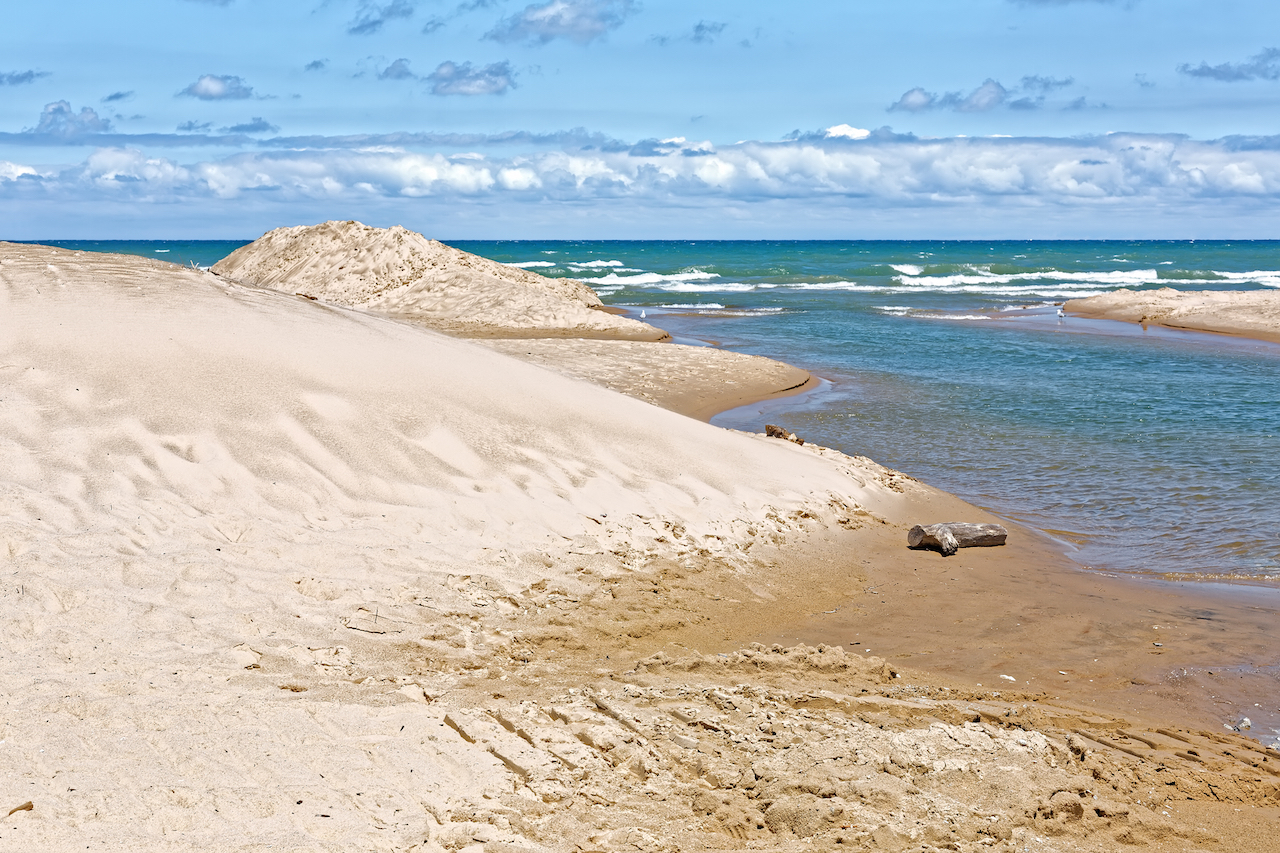 The sand dunes at Indiana Dunes National Lakeshore on a clear blue day