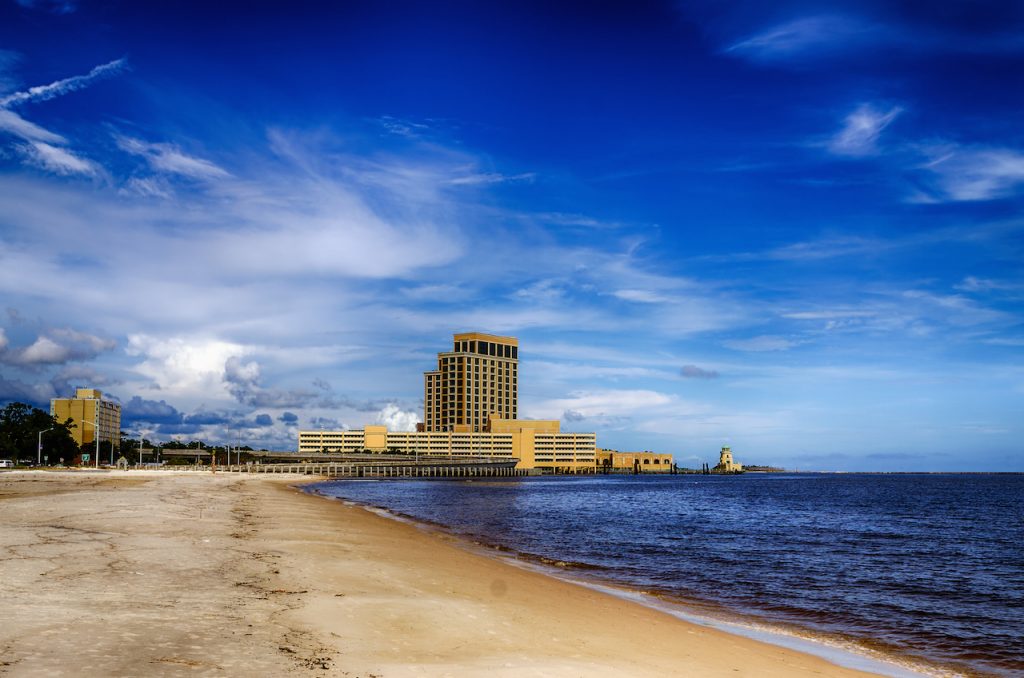 casinos and buildings along Gulf Coast shore in Biloxi, Mississippi