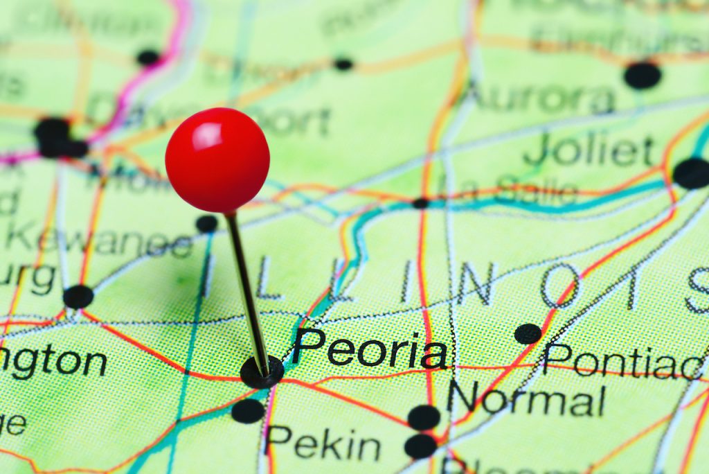 Peoria pinned on a map of Illinois, USA