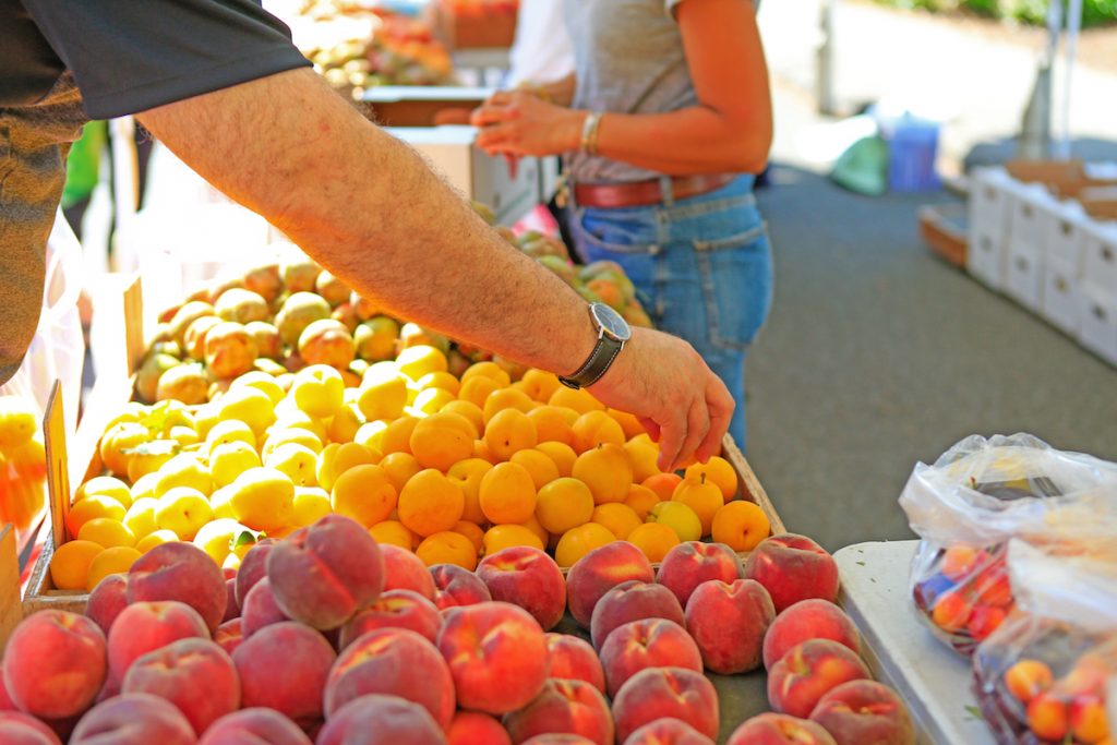 Fresh organic fruits at the local farmers' market. Close up of a man choosing ripe orange apricots at the Farmer's market.