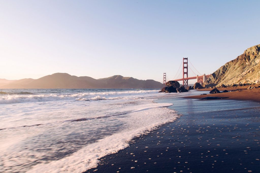 The beach shore coast near the San Diego Golden Gate bridge 