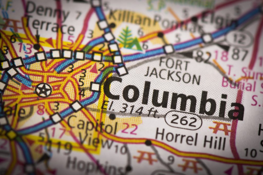 Closeup of Columbia South Carolina on a road map of the United States.