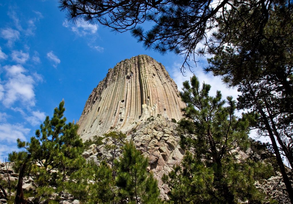 Upward view of Devils Tower Wyoming 