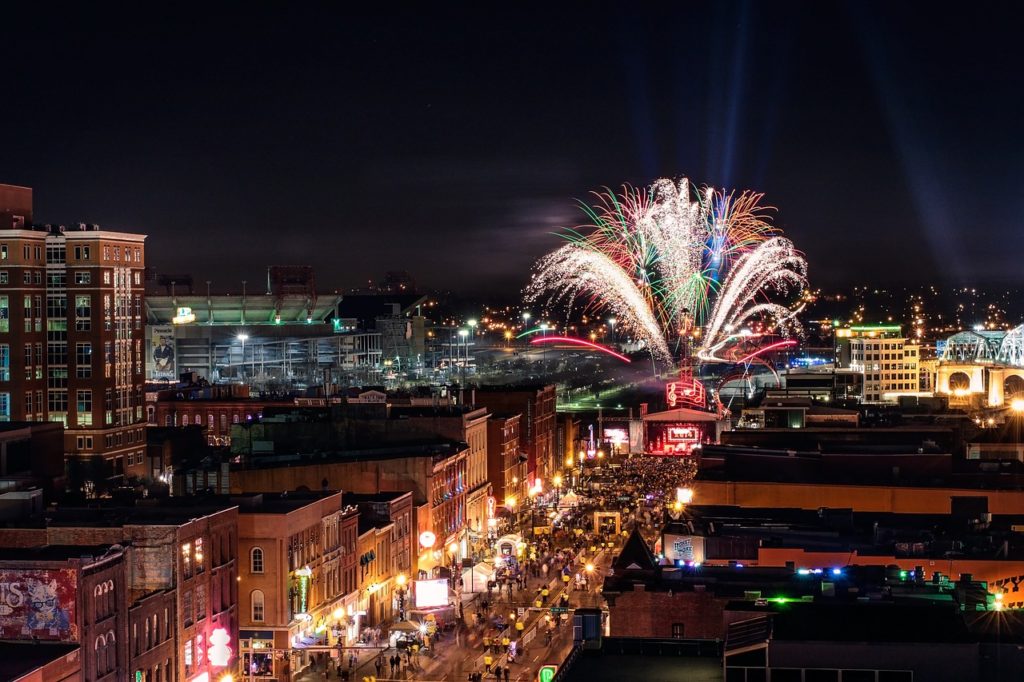Nightlife and fireworks in downtown Nashville