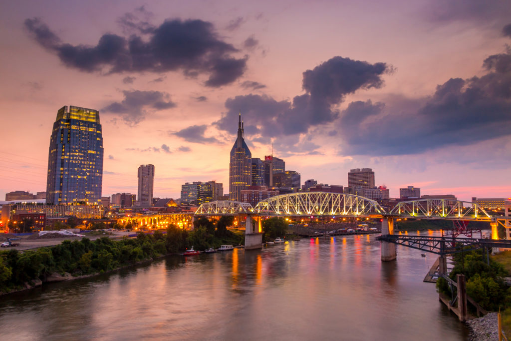 Nashville Tennessee downtown skyline at twilight in USA