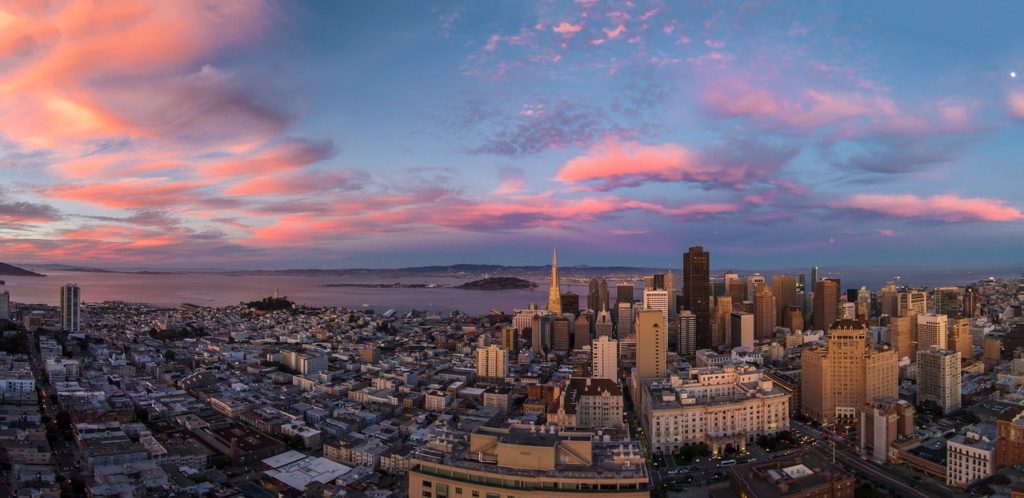 Panorama view of San Francisco during a colorful sunset 