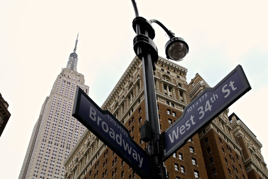 Street sign on Broadway and West 34th Street in New York 